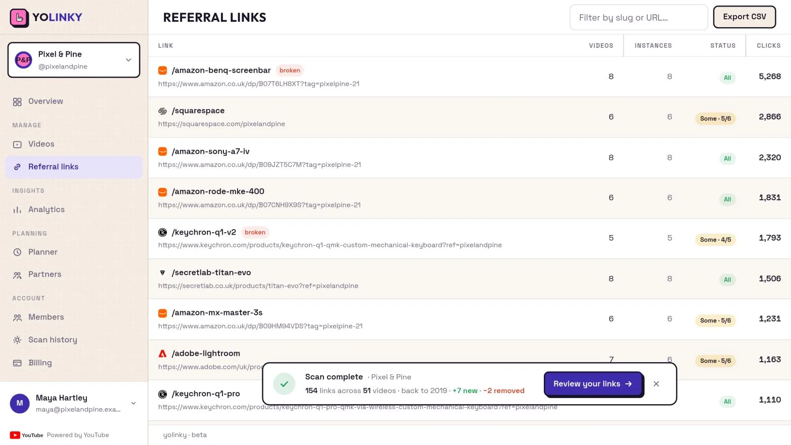 The Yolinky referral links view after a scan, listing each link with the number of videos it appears in, its status and its clicks, with the broken ones flagged